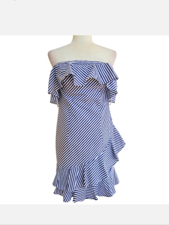 About Us Dresses & Skirts - NWT! About US Boutique Nautical Striped Off-Shoulder Ruffle Dress - Blue & White